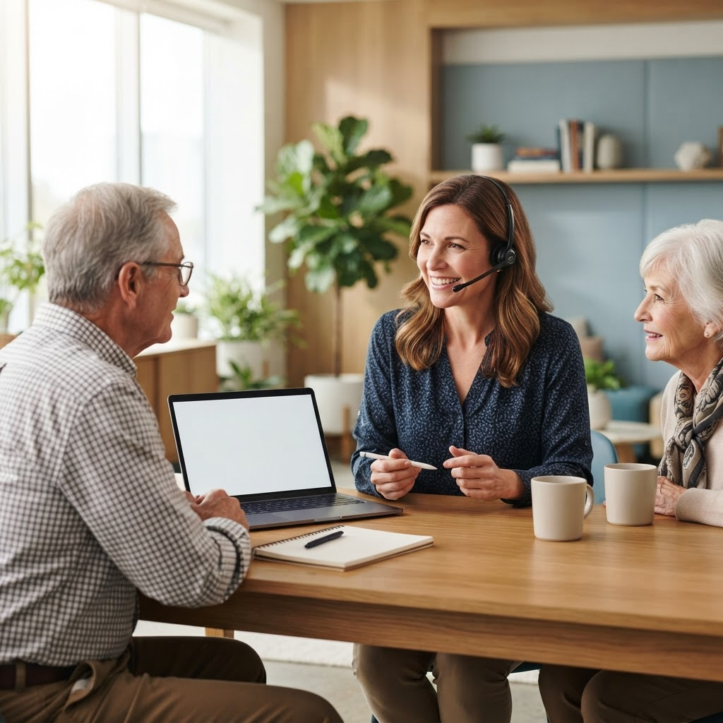 A friendly senior-care placement advisor smiling while helping an older couple find the right home